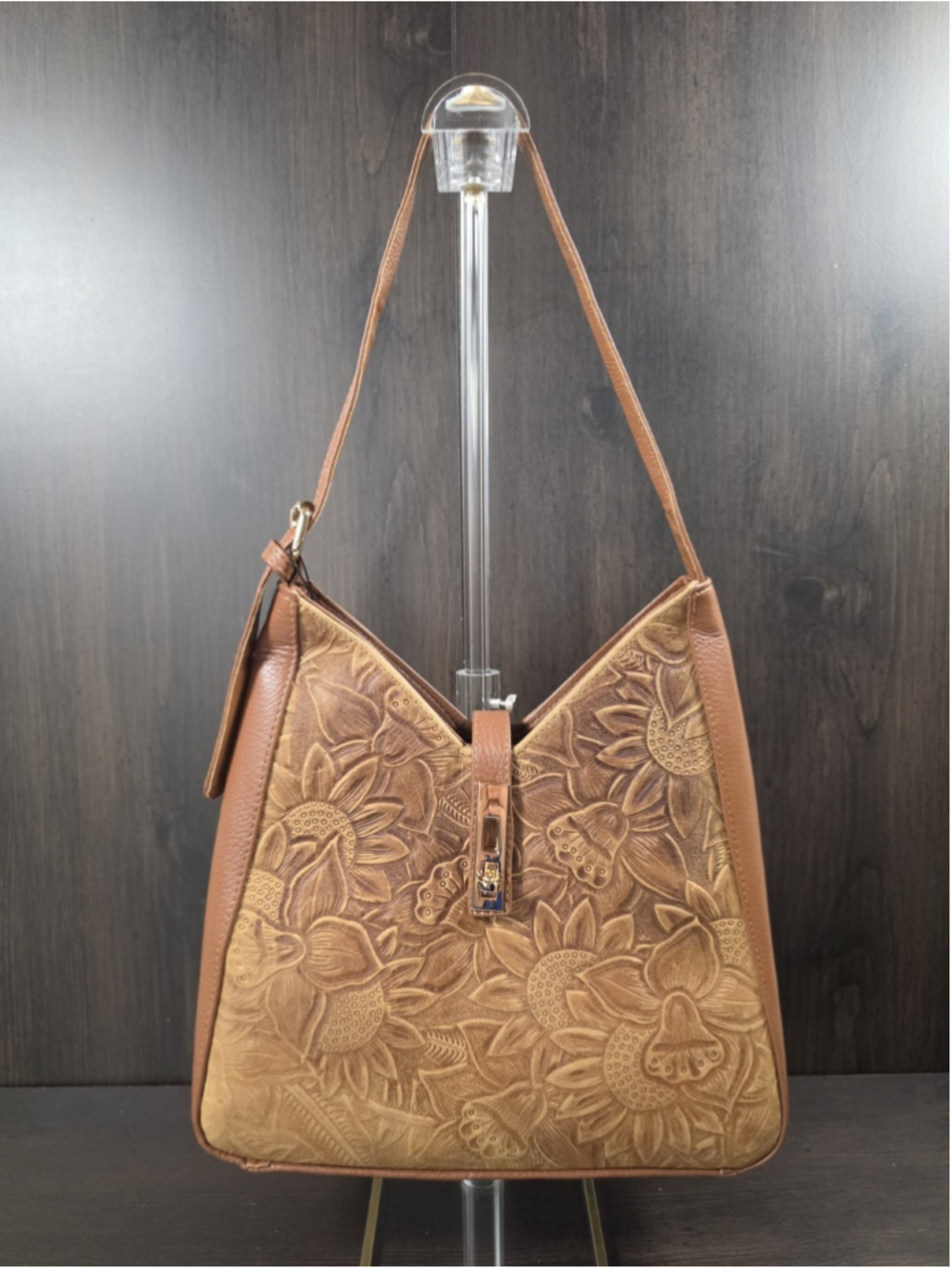 Honey Brown Sunflower Embossed Tooled Artisan LEATHER Shoulder Bag Purse - Picture 8 of 16
